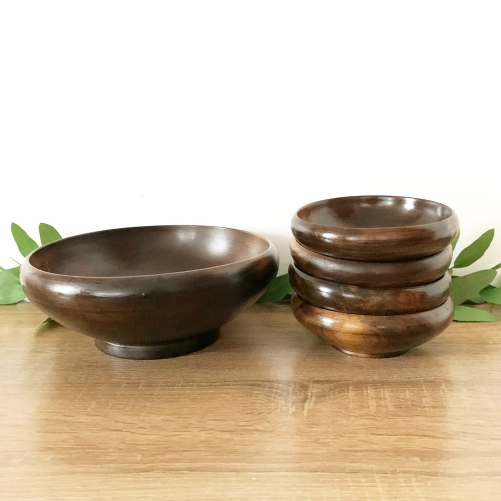 Set of 4 Dark Polished Wood Salad Bowls w/ Serving